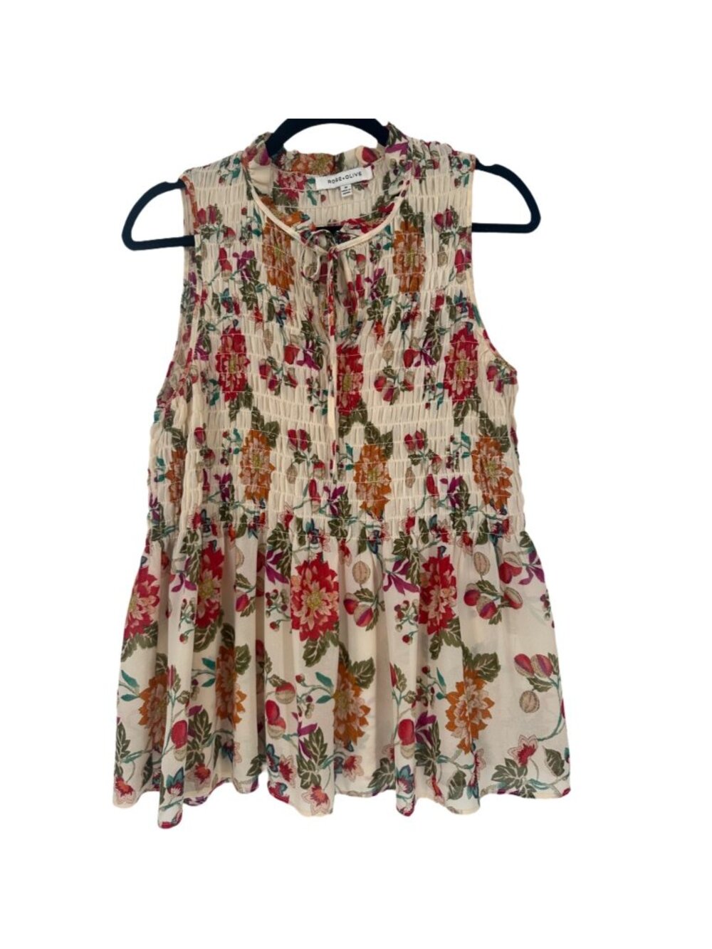 Rose & Olive Blouse Women's M Cream Floral Smocked Mock Neck Peplum Boho Top